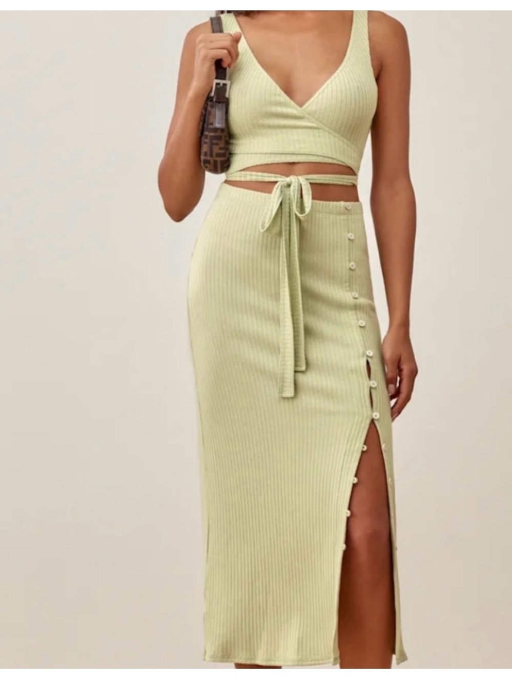 Reformation Light Green Ribbed Button-Slit Midi Skirt